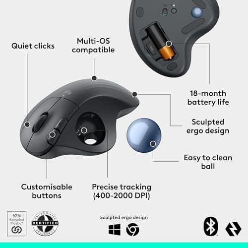 Logitech Ergo M575S Wireless Bluetooth Trackball Mouse - Graphite Blue Ball | Easy thumb control, precise and smooth tracking, Bluetooth and includes Logi Bolt USB receiver, PC Mac compatible thumbnail 6