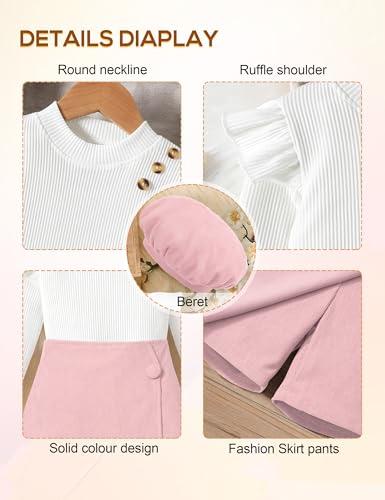 Miniatura de MIGU Girls Clothes Size 10-12 Years old Teen Girl Clothes Ruffle White Long Sleeve Round Neck Button Top Pink Skirt Short Beret Fall Winter Outfit 3 Piece Skirt Set 4