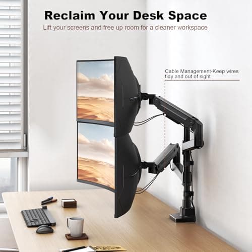 Dual Monitor-Arm Heavy-Duty for 17-49-inch Screens - Premium Vertical Stacked Dual Monitor Arm Desk Mount for Ultrawide Screens up to 44lbs, Fully Adjustability, VESA 75/100 mm, Bl thumbnail 8