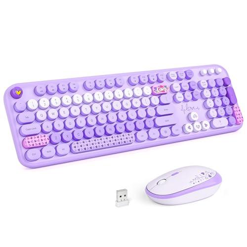 MOFII Wireless Keyboard and Mouse Combo, Full Size 2.4G Plug and Play Typewriter Retro Round Computer Keyboard and Mouse Set for Windows, Computer, Desktop, PC, Notebook - (Purple 