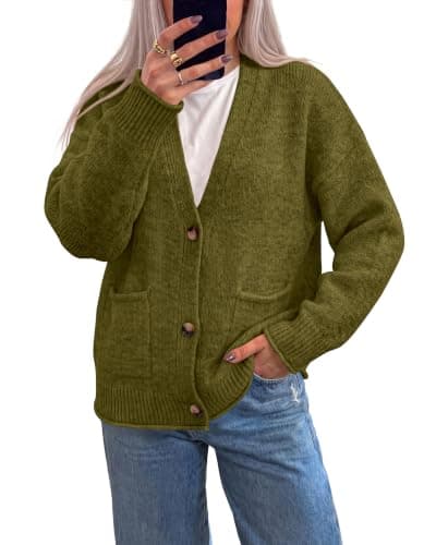 Cárdigan Corto Casual Dowerme para Mujer con Botones, Tejido Grueso, Verde Militar, Talla S