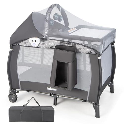 INFANS 4 in 1 Pack and Play, Portable Travel Baby Playard with Bassinet, Changing Table, Canopy, Mosquito Net, Hanging Toys, Music Box, Storage Bag, Large Playpen from Newborn to T