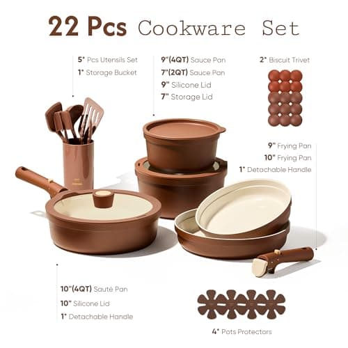 CAROTE 22Pcs Ceramic Cookware Set, Pots and Pans Set Non Stick Removable Handles, Non Toxic Cookware Oven/Dishwasher Safe, Induction Cookware, Gift Set, NonStick Cookware Set with  thumbnail 7