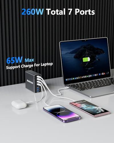 Cargador Rápido USB C GaN de Aleación de Aluminio 260W, 7 Puertos 65W para Laptops (Gris)