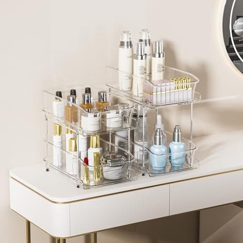 Miniatura de Delamu 2-Tier Under Sink Organizers and Storage, Multi-Purpose Stackable Bathroom Cabinet organizers, Pull Out Kitchen Pantry Organization and Storage with Dividers(2 Pack, Clear) 5