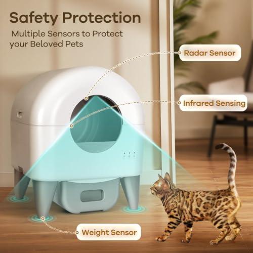 Fumoi Automatic Cat Litter Box Self Cleaning Litter Box Large Capacity for Multiple Cats, App Control with Safety Sensors, Removable Washable Liner,2 Rolls Garbage Bags,Grey