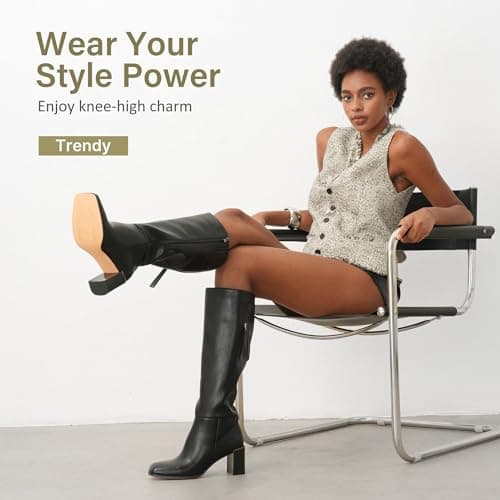 Vepose Women's Black Knee High Square Toe Heeled Boots, Size 7, 9572 thumbnail 2