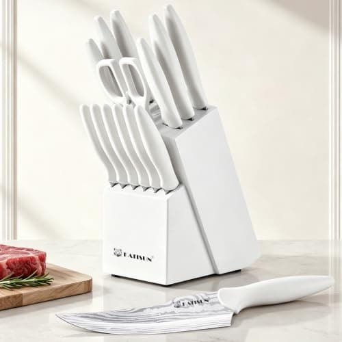 KATISUN Knife Set - 15 PCS Kitchen Knife Set with Built-in Sharpener Block, German Precision Forged Stainless Steel Blades, Ergonomic Handles, Dishwasher Safe, White thumbnail 8