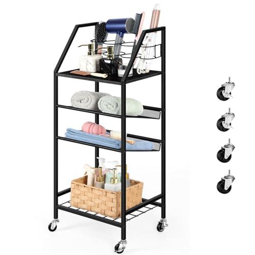 OYEAL 4 Tier Metal Bathroom Cart on Wheels Black Freestanding Bathroom Shelf Organizer with storage shelves Hair Dryer Holder Movable Towel Storage Cart for Liviing Room, Laundry R thumbnail 6