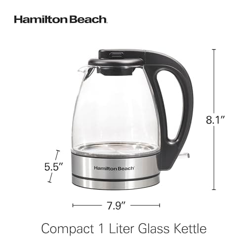 Hamilton Beach Electric Tea Kettle, Water Boiler & Heater, 1 Liter, 1500 Watts for Fast Boiling, BPA Free, Cordless Serving, Auto-Shutoff & Boil-Dry Protection, Blue LED, Glass (40