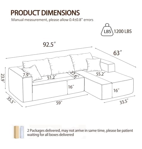 92.5" Modular Sectional Sofa, L-Shaped Cloud Couch with Deep Seats and Chaise, Upholstered Corduroy Boneless Couch for Living Room Small Space, No Need Assembly - Black(Left Facing thumbnail 2