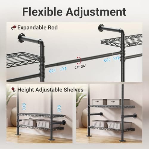 Timate F3 Garment Rack Heavy Duty Clothes Rack for Hanging Clothes, Expandable Industrial Pipe Wall Mounted Clothing Racks, Adjustable Storage Wardrobe Closet Kit Walk in Closet Sy thumbnail 6