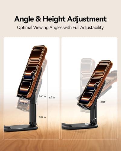 2 Pack Cell Phone Stand for Desk, iPad Stand [Height Adjustable & Upgraded Stable Base] Foldable & Non-Slip Silicone Pad Phone Holder, iPhone Stand for All Smartphones, iPad | Offi