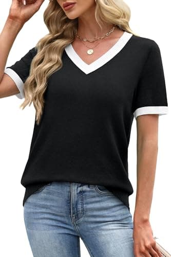 WIHOLL Womens Tops Short Sleeve Sweater Spring Summer Tops for Women 2026 Business Casual Outfits V Neck Work Teacher Clothing Ladies Blouses Beach Vacation Clothes Black M