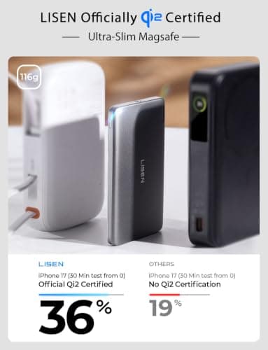 Miniatura de Batería portátil magnética LISEN para MagSafe, 0.3'' ultra delgada, 5000mAh, carga inalámbrica Qi2 3