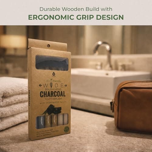 Pursonic Wide Head Toothbrush Set with Cedarwood Wooden Handle & Soft Charcoal Bristles - Travel Friendly Natural Oral Care Brushes with Comfortable Grip Design for All Age Groups  thumbnail 8