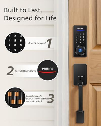 Philips Wi-Fi Smart Lock with Handle, Keyless Entry Keypad Door Lock with Handle, Front Door Deadbolt Set with WiFi Gateway, App Control, Fingerprint Unlock, PIN Code Unlock, Auto  thumbnail 8