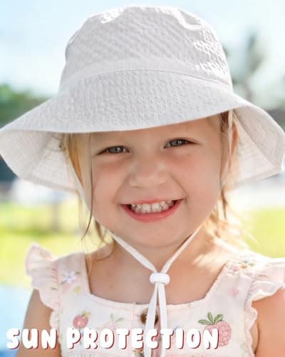 HONGTEYA Baby Sun Hat Toddler Boy Bucket Hat Kids Summer Beach Hat Wide Brim Sun Protection White/Lightblue