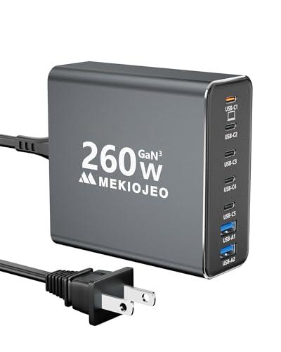Cargador Rápido USB C GaN de Aleación de Aluminio 260W, 7 Puertos 65W para Laptops (Gris)