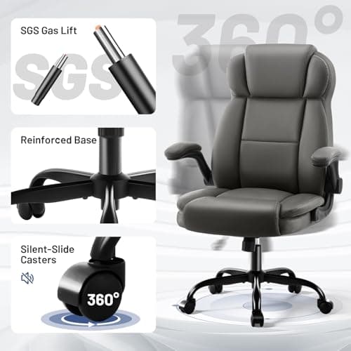 AreShark Ergonomic Office Chair with High Back Headrest,PU Leather Executive Desk Chair Padded Flip-Up Armrests,Lumbar Support,Swivel Computer Chair for Home Office & Gaming,Gray thumbnail 8