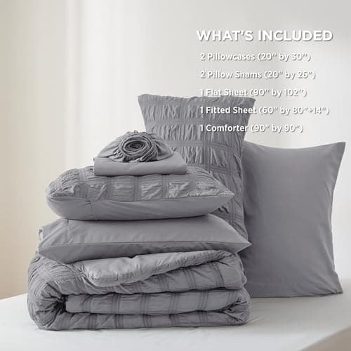 Bedsure Bed in a Bag Queen - 7 Pieces Plaid Seersucker Bedding Comforter Sets, Soft Lightweight Grey Boho Bed Set with Comforters Queen Size, Sheets, Pillowcases & Shams thumbnail 7