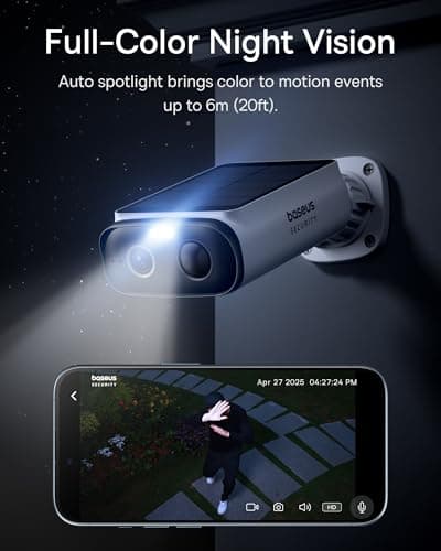 Baseus Solar Security Cameras Wireless Outdoor S1 Lite, 2K QHD Solocam, Continuous Power, Color Night Vision, AI Human Detection, IP67, No Monthly Fee, Local Storage, Works with Al