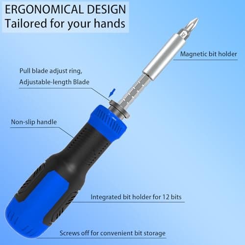 WOOPHEN Multi-bit Screwdriver 13-in-1 Screw Driver Adjustable Mini Screwdriver Set Multitool All in One with Torx Security, Phillips, Hex, Flat Head, Square and 1/4 Nut Driver (Blu thumbnail 5