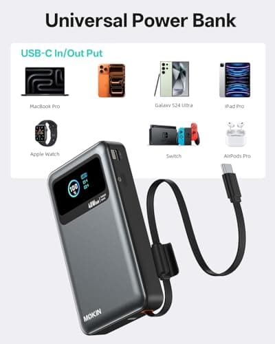 MOKiN 3-in-1 Power Bank,10000mAh 40W Portable Charger with Foldable Plug,Built-in USB-C Cable & LCD Display,Travel Essential Phone Fast Charging Battery Pack,for iPhone 17/16,Samsung etc thumbnail 5