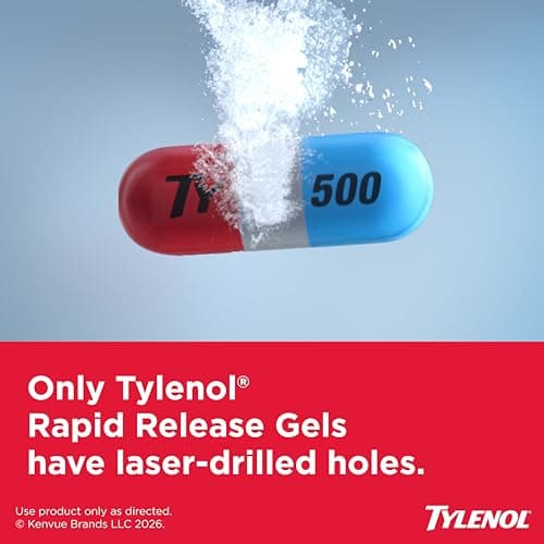 Tylenol Rapid Release Extra Strength Gelcaps, Acetaminophen 500 mg per Gel, Laser Drilled Holes Allow Fast, Strong Pain Relief, Fever Reducer, Gentle on Stomach, 100 Count Size thumbnail 3