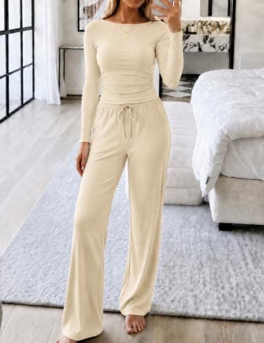 Conjunto de dos piezas Ekouaer con fruncido lateral y bolsillos (Taupe)