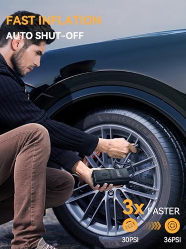 AIRSURE Tire Inflator Portable Air Compressor, 150 PSI Fast Inflation Cordless Air Pump with LED Light, Auto Shut-Off, Rechargeable Battery for Car, Motorcycle, Bike, and Sports Ba thumbnail 2