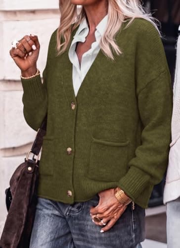 Miniatura de Cárdigan Corto Casual Dowerme para Mujer con Botones, Tejido Grueso, Verde Militar, Talla S 7