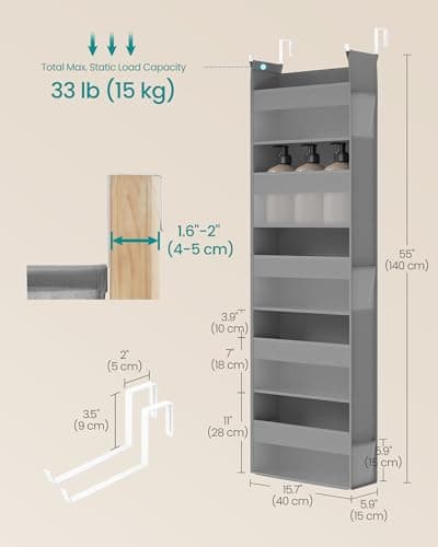 SONGMICS Over The Door Organizer, Hanging Door Organizer with 5 Large Pockets, 5-Tier Fabric Storage, Transparent Nylon Mesh, Foldable, Metal Hooks, with Side Pouches, Dove Gray UR thumbnail 5