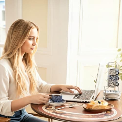 vancasso 2.5OZ Espresso Cups Set of 4, Porcelain Stackable Cappuccino Cups, Demitasse Coffee Cups and Saucers Set with Metal Stand for Specialty Drinks, Series SELENE (Vintage Blue thumbnail 5
