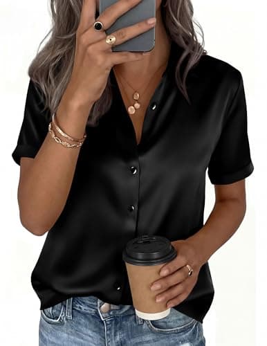 PRETTYGARDEN Womens 2026 Summer Button Down Shirts Short Sleeve Work Tops Dressy Satin Blouses Spring Business Casual Outfits (Black,Small) thumbnail 2