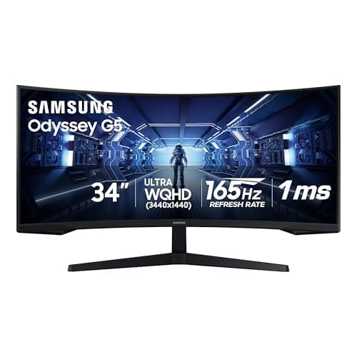 Samsung 34' Odyssey G5 Ultra-Wide Gaming Monitor with 1000R Curved Screen | 165Hz, 1ms, FreeSync Premium, Large Display, Eye Comfort, Multiple Ports, WQHD (LC34G55TWWNXZA)