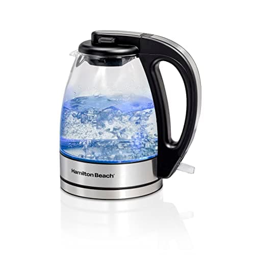 Hamilton Beach Electric Tea Kettle, Water Boiler & Heater, 1 Liter, 1500 Watts for Fast Boiling, BPA Free, Cordless Serving, Auto-Shutoff & Boil-Dry Protection, Blue LED, Glass (40