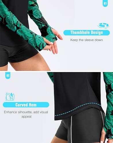 Viodia Womens Swim Shirt UPF50+ Rash Guard Long Sleeve Swimsuit Top Sun Protection Shirts Bathing Suit with Zipper Black Leaf XS thumbnail 4