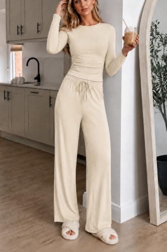 Conjunto de dos piezas Ekouaer con fruncido lateral y bolsillos (Taupe)