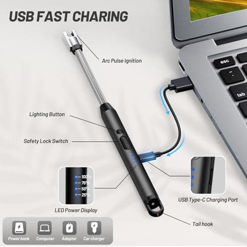 VEHHE Electric Lighter with 360° Flexible Neck, Flameless Windproof Long Candle Lighter with Led Battery Display, USB C Rechargeable with Hanging Hook for Gifts BBQ Fireworks (Blac thumbnail 3
