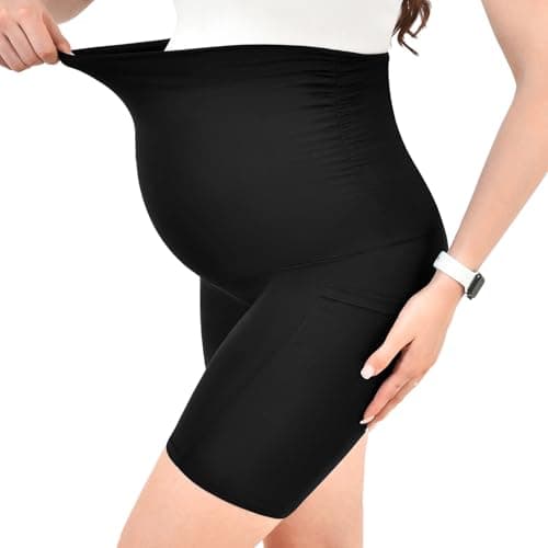 Walifrey Women's Maternity Shorts with Pockets Over The Belly,Pregnancy Yoga Pants Activewear Biker Shorts Casual Burgundy S thumbnail 3