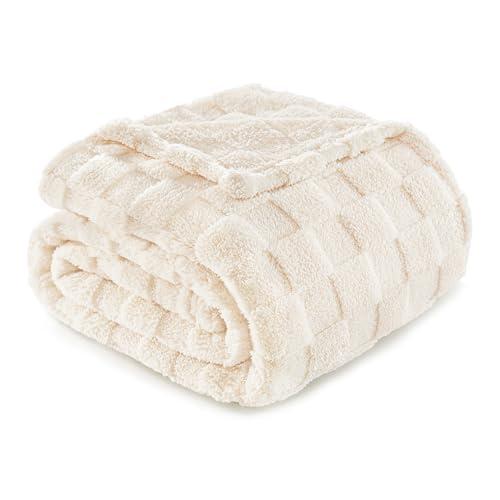 Exclusivo Mezcla Fleece Throw Blanket for Couch,Super Soft and Warm Lightweight Checkered Pattern Blankets for All Seasons, 50x60 Inches, Ivory
