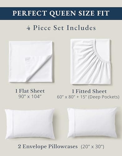 LANE LINEN Eco Friendly 100% Organic Cotton Queen Sheet Set, Soft & Comfy Fully Elasticized 15" Deep Pocket Bed Sheets, Low Pill Naturally Cooling Machine Wash Sábanas Queen- White