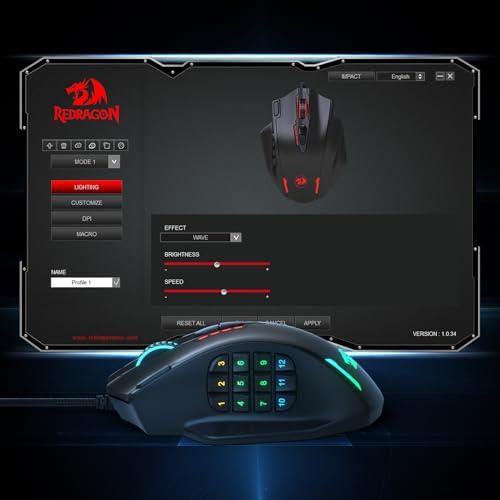 Mouse Gamer Redragon M908 Impact MMO RGB con 12 Botones y 12,400 DPI