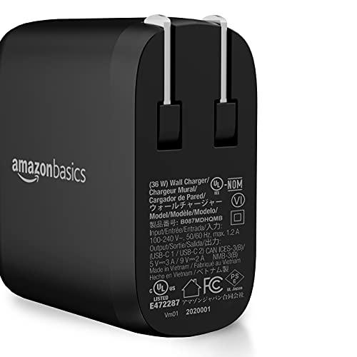 Amazon Basics 36W Two-Port USB-C Wall Charger (18W per Port) with Power Delivery PD for Tablets & Phones (iPhone 15/14/13/12/11/X, iPad, Samsung, and More), Non-PPS, 2.34 x 2.21 x 