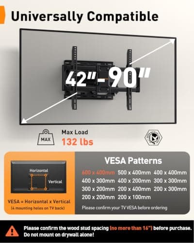 Perlegear UL Listed Full Motion TV Wall Mount for 42-90" TVs up to 132lbs