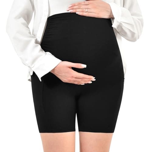 Walifrey Women's Maternity Shorts with Pockets Over The Belly,Pregnancy Yoga Pants Activewear Biker Shorts Casual Burgundy S thumbnail 4