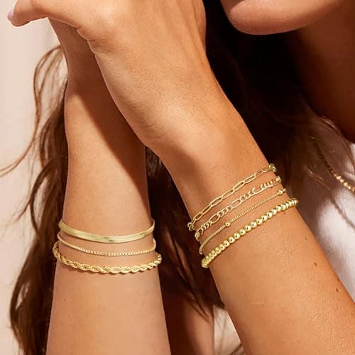 M MOOHAM Pulseras de Oro 14K para Mujer - Set Apilable de 7 Estilos