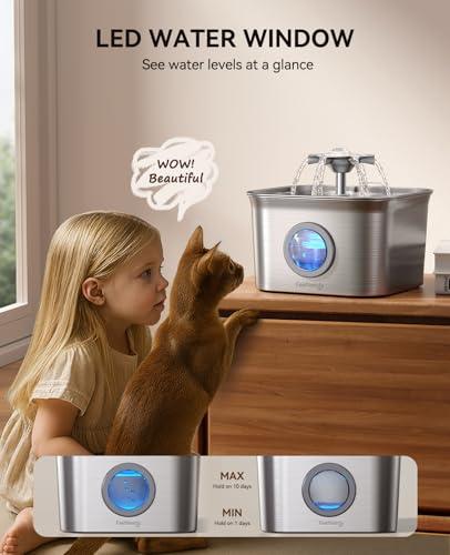 Stainless Steel Cat Water Fountain, 2.8L with 20dB Ultra-Quiet Pump- Ideal for Timid Pets, LED Water Level Window, Dishwasher Safe, 24/7 Circulation- Includes 3 Replacement Filters thumbnail 5