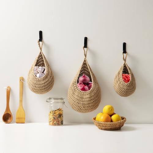 Miniatura de MKO SHUN Hanging Fruit Basket Set of 3, Boho Wall Hanging Storage Jute Basket for Organizing & Decor, Handmade Teardrop Hammock Holder for Onion Fruit Vegetable in Home & Restauran 5
